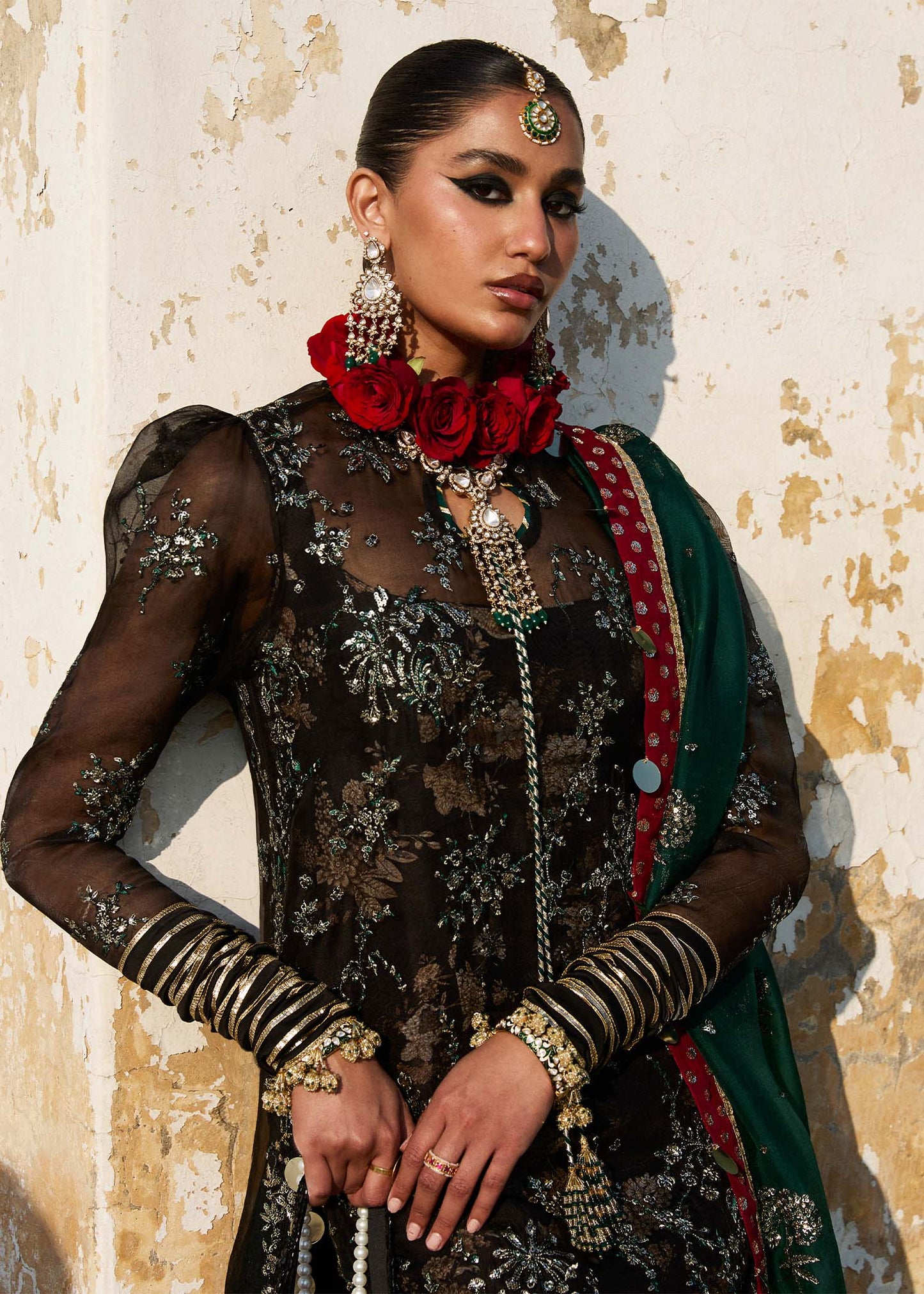 Hussain Rehar | Black Embroidered Organza Churidar Suit