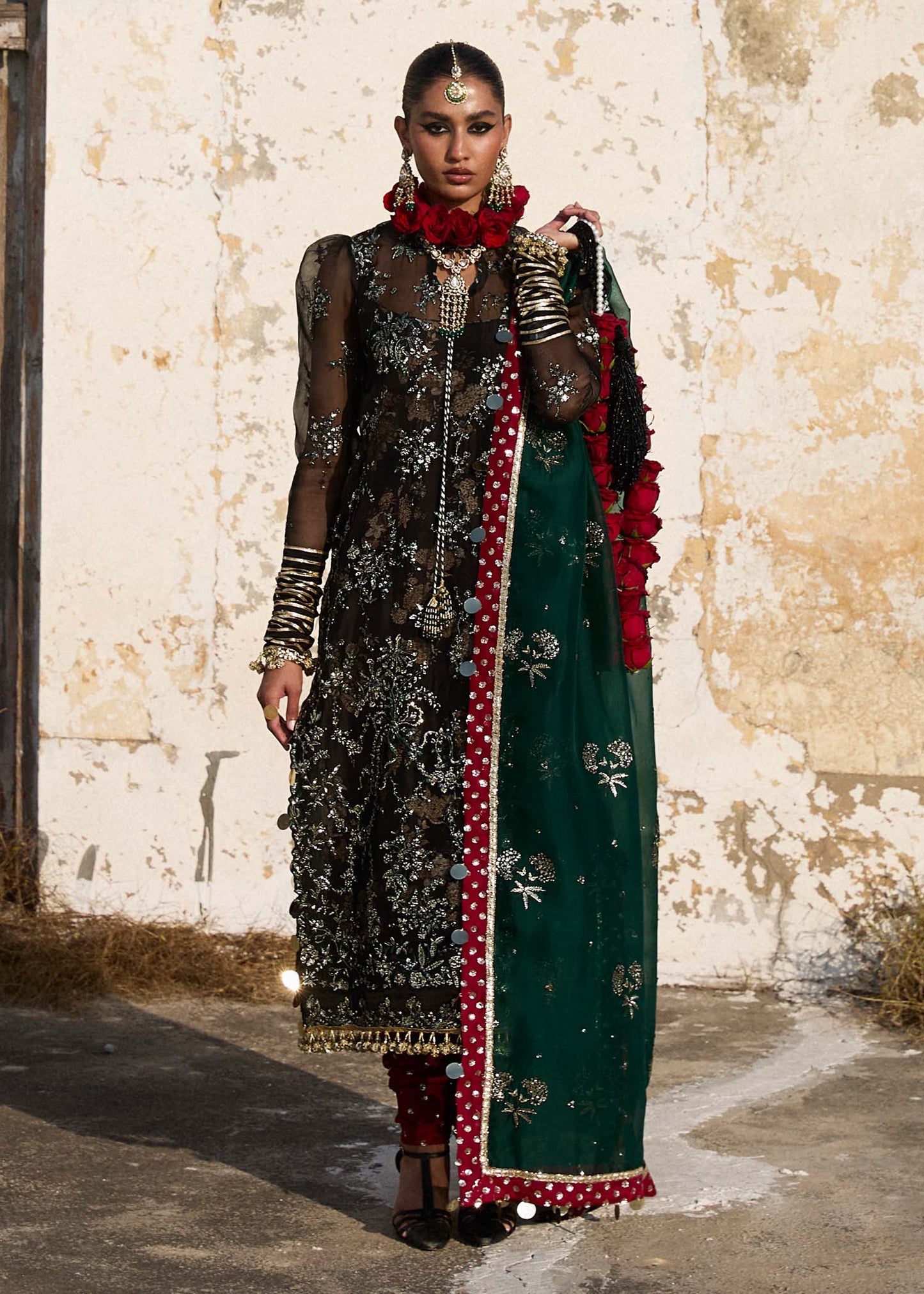 Hussain Rehar | Black Embroidered Organza Churidar Suit