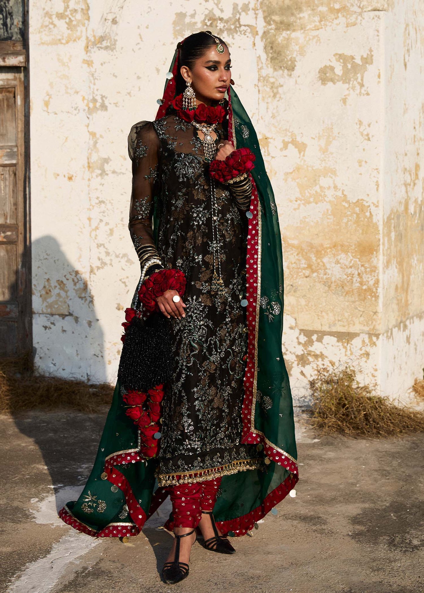 Hussain Rehar | Black Embroidered Organza Churidar Suit