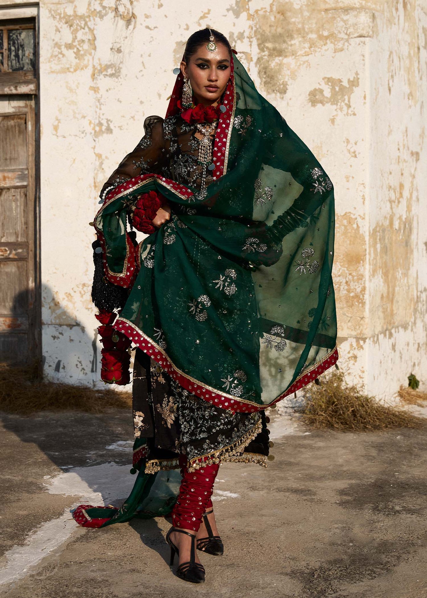 Hussain Rehar | Black Embroidered Organza Churidar Suit