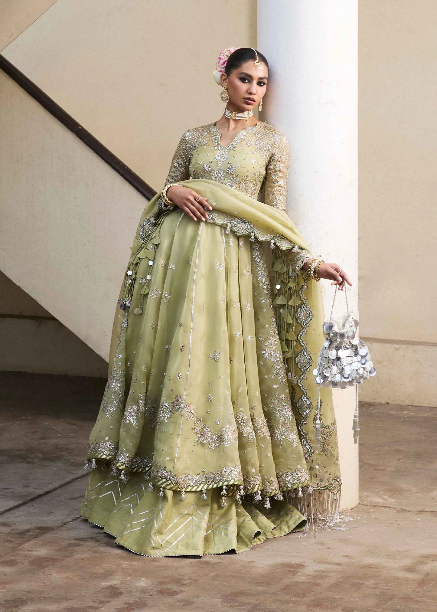 Hussain Rehar | Apple Green Embroidered Organza Peshwas Lehenga