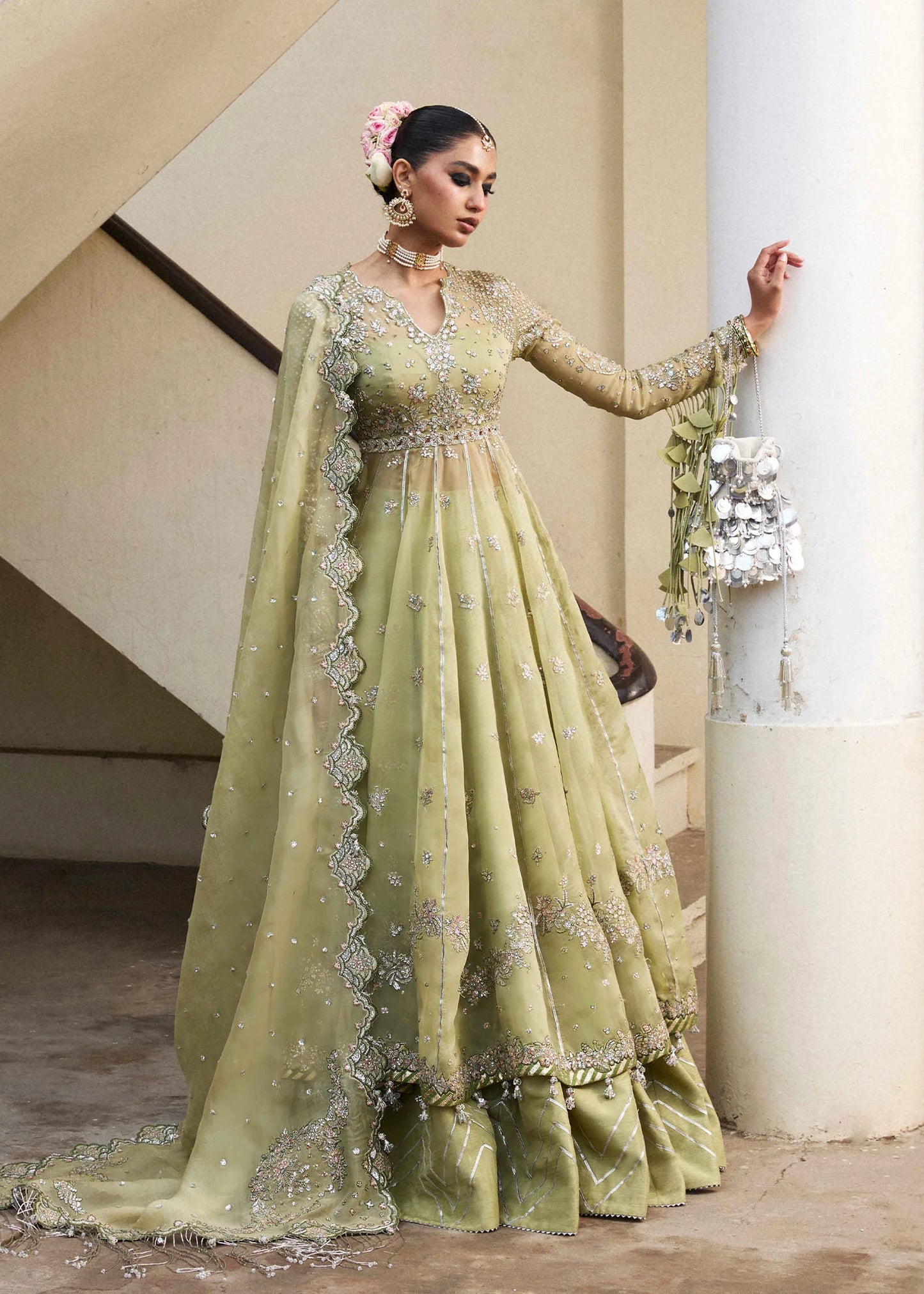 Hussain Rehar | Apple Green Embroidered Organza Peshwas Lehenga