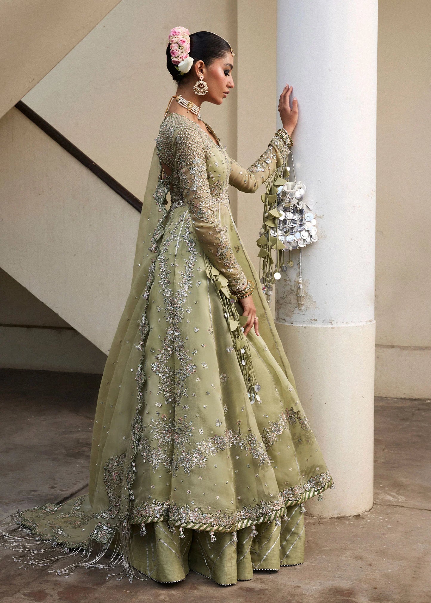 Hussain Rehar | Apple Green Embroidered Organza Peshwas Lehenga