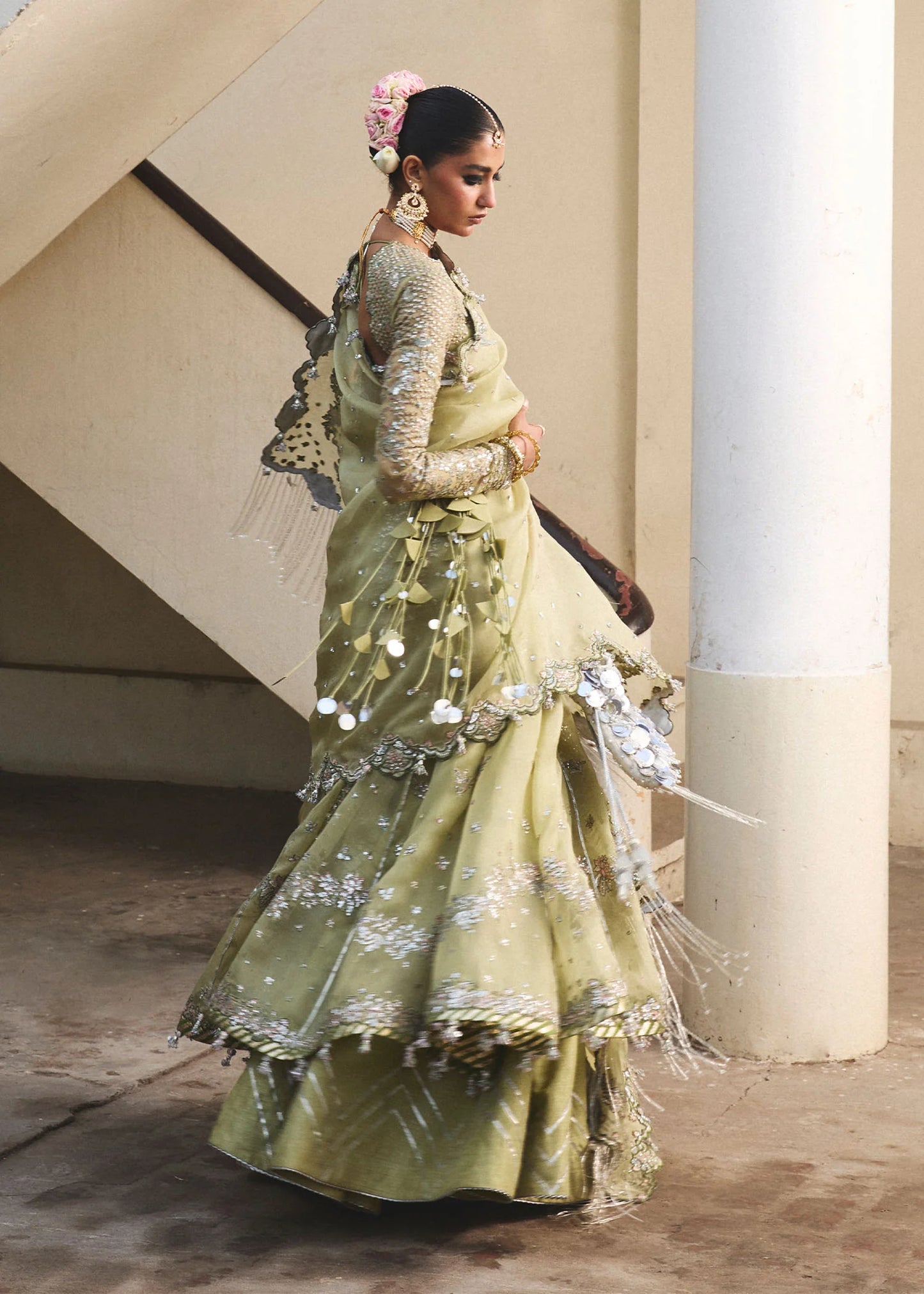 Hussain Rehar | Apple Green Embroidered Organza Peshwas Lehenga