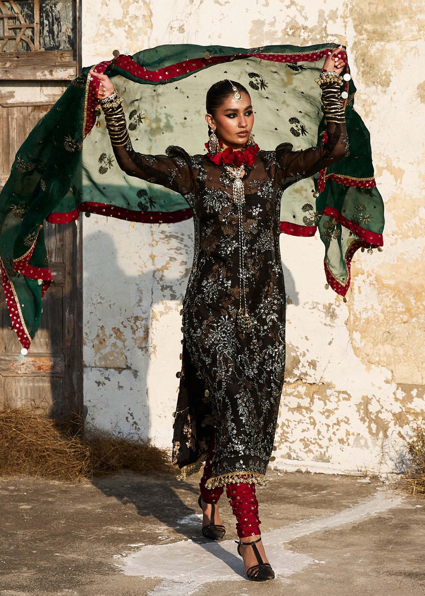 Hussain Rehar | Black Embroidered Organza Churidar Suit