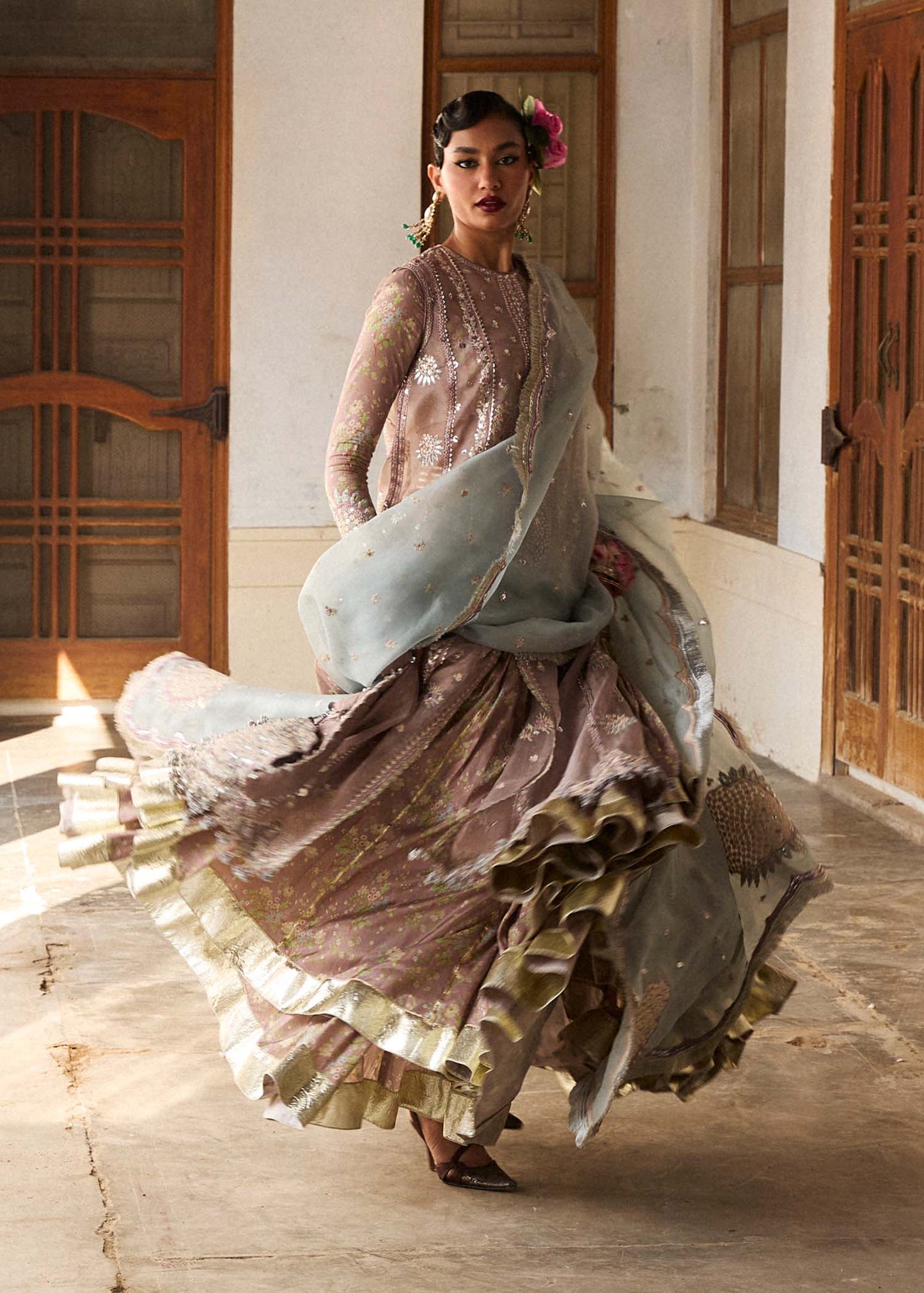 Hussain Rehar | Mouse Grey Embroidered Organza Jacket Lehenga