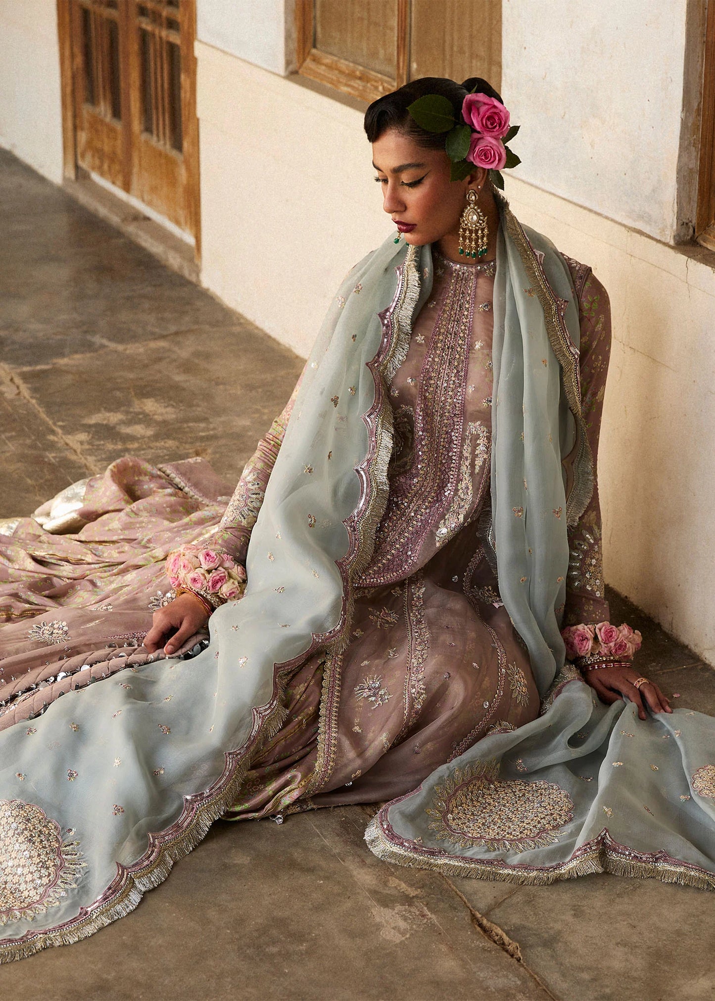 Hussain Rehar | Mouse Grey Embroidered Organza Jacket Lehenga