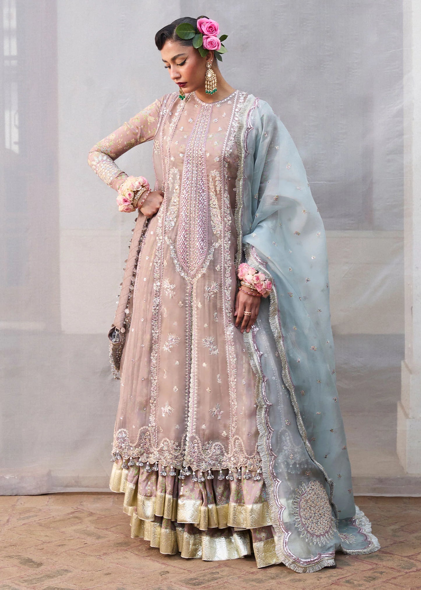 Hussain Rehar | Mouse Grey Embroidered Organza Jacket Lehenga