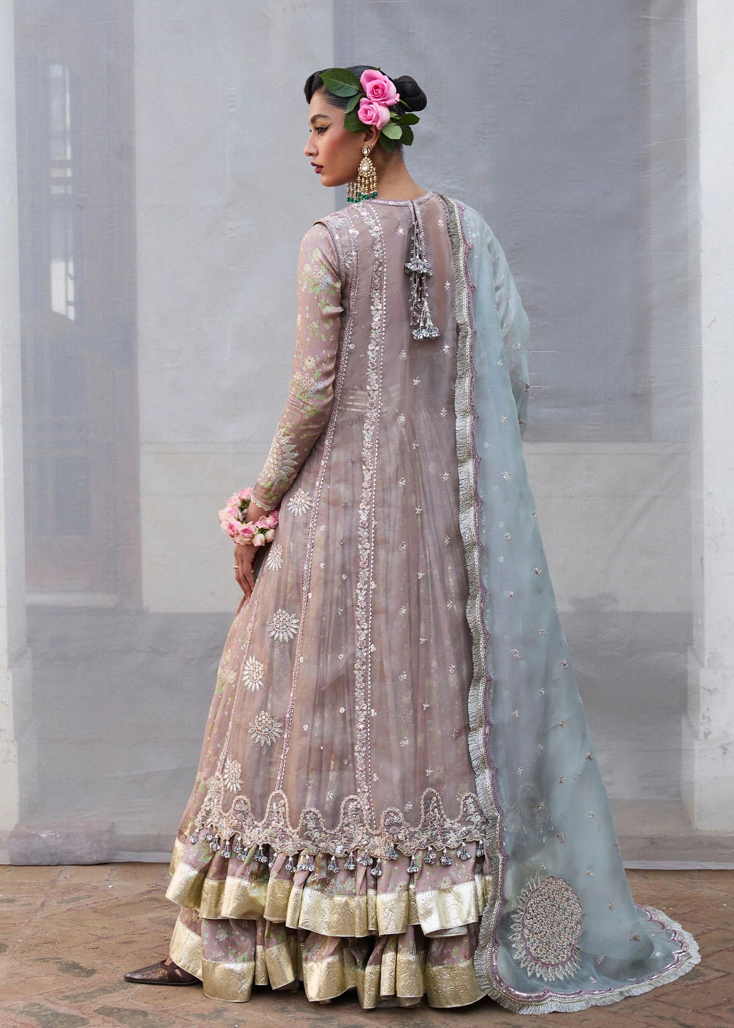Hussain Rehar | Mouse Grey Embroidered Organza Jacket Lehenga