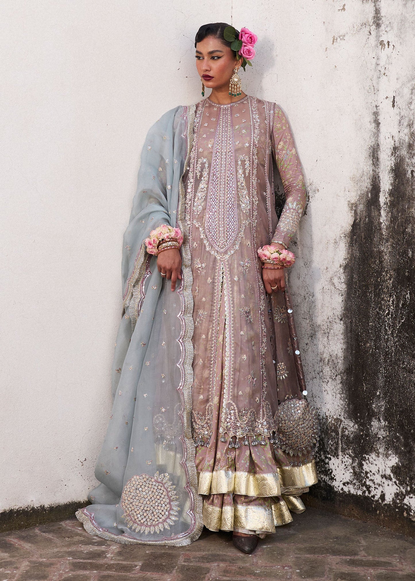 Hussain Rehar | Mouse Grey Embroidered Organza Jacket Lehenga