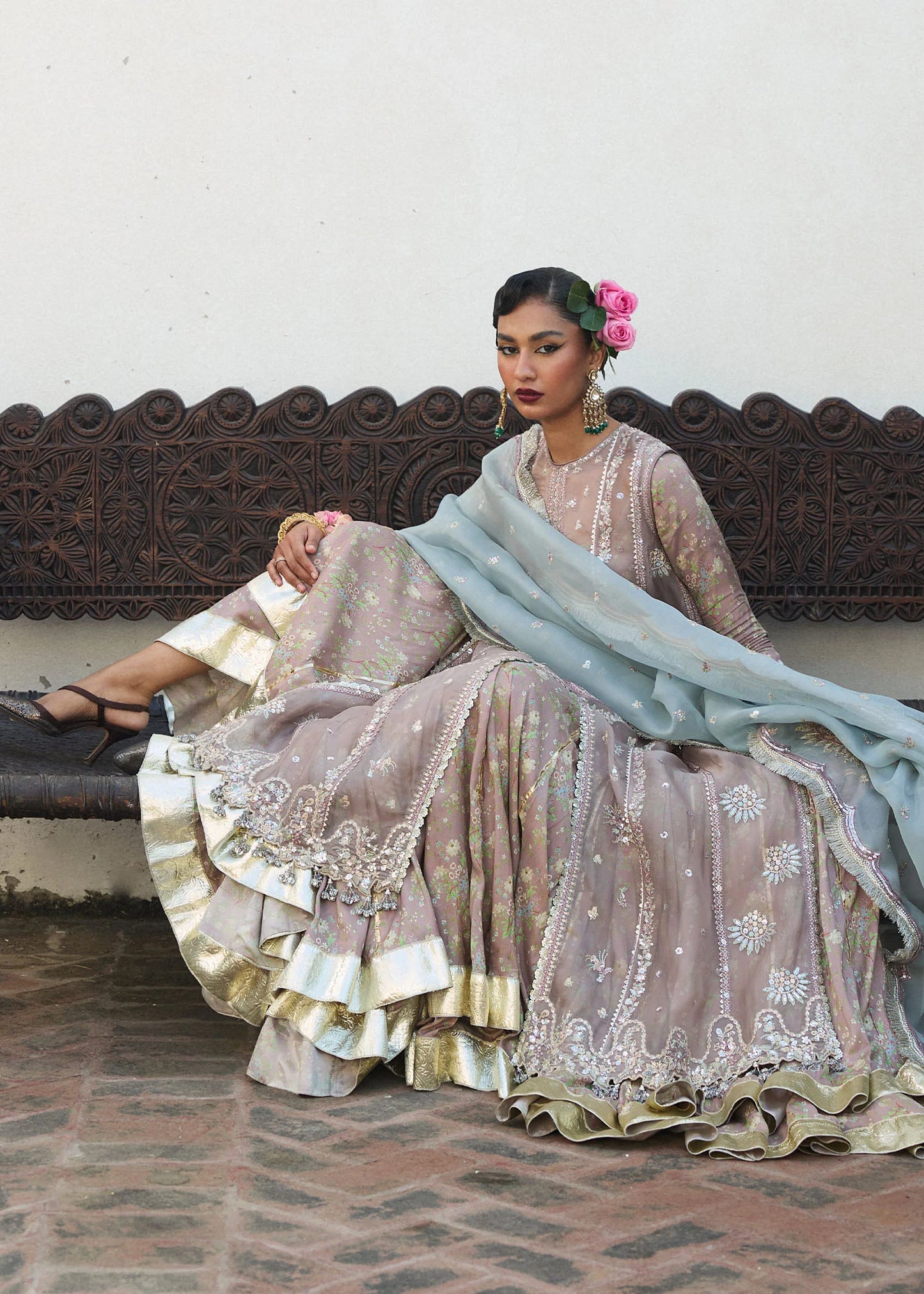 Hussain Rehar | Mouse Grey Embroidered Organza Jacket Lehenga