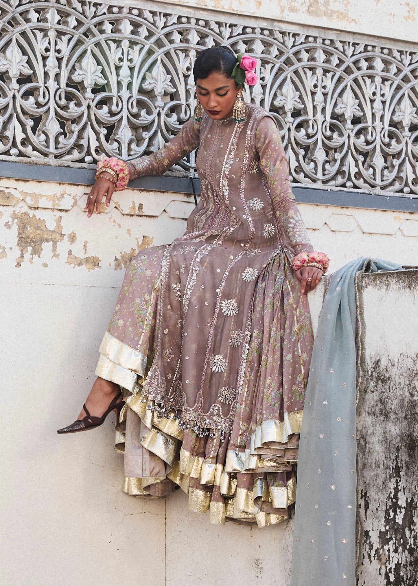 Hussain Rehar | Mouse Grey Embroidered Organza Jacket Lehenga
