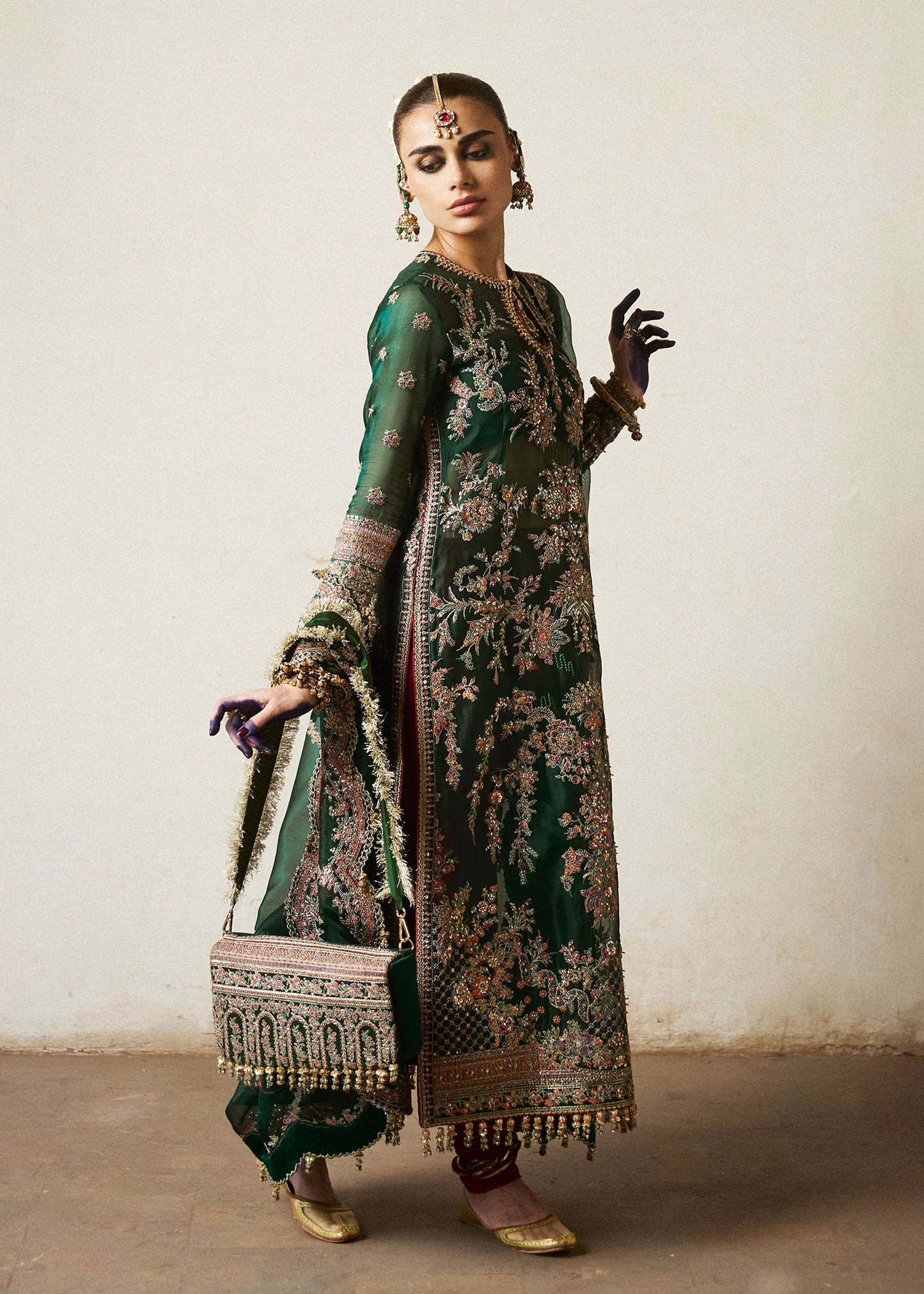 Hussain Rehar | Emerald Organza Embroidered Embellished Churidar Suit
