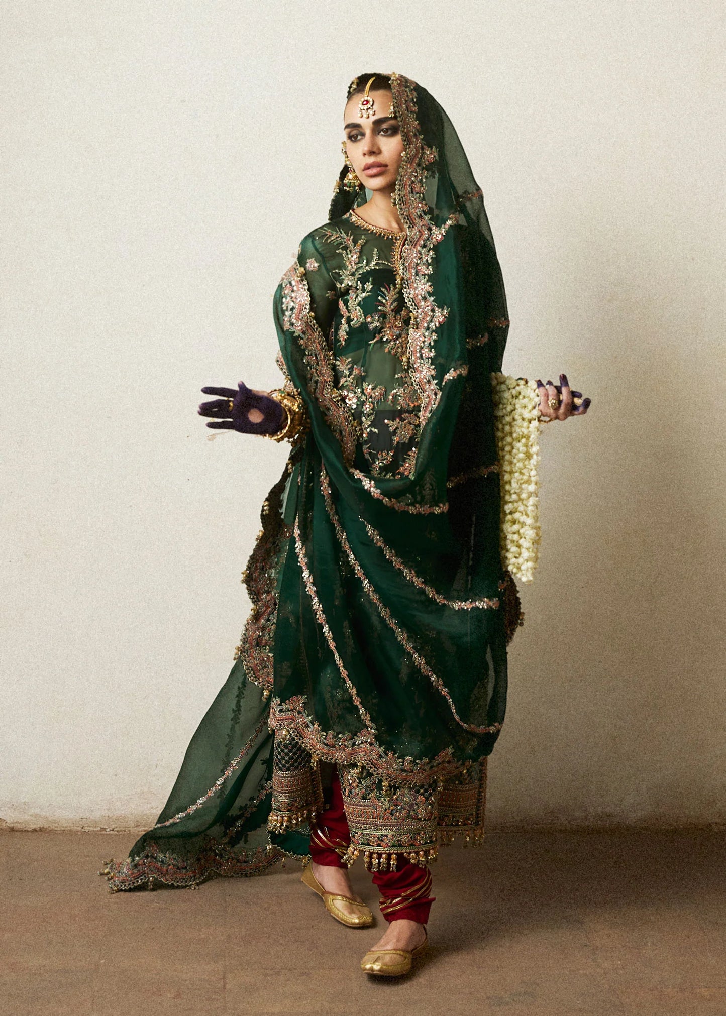 Hussain Rehar | Emerald Organza Embroidered Embellished Churidar Suit