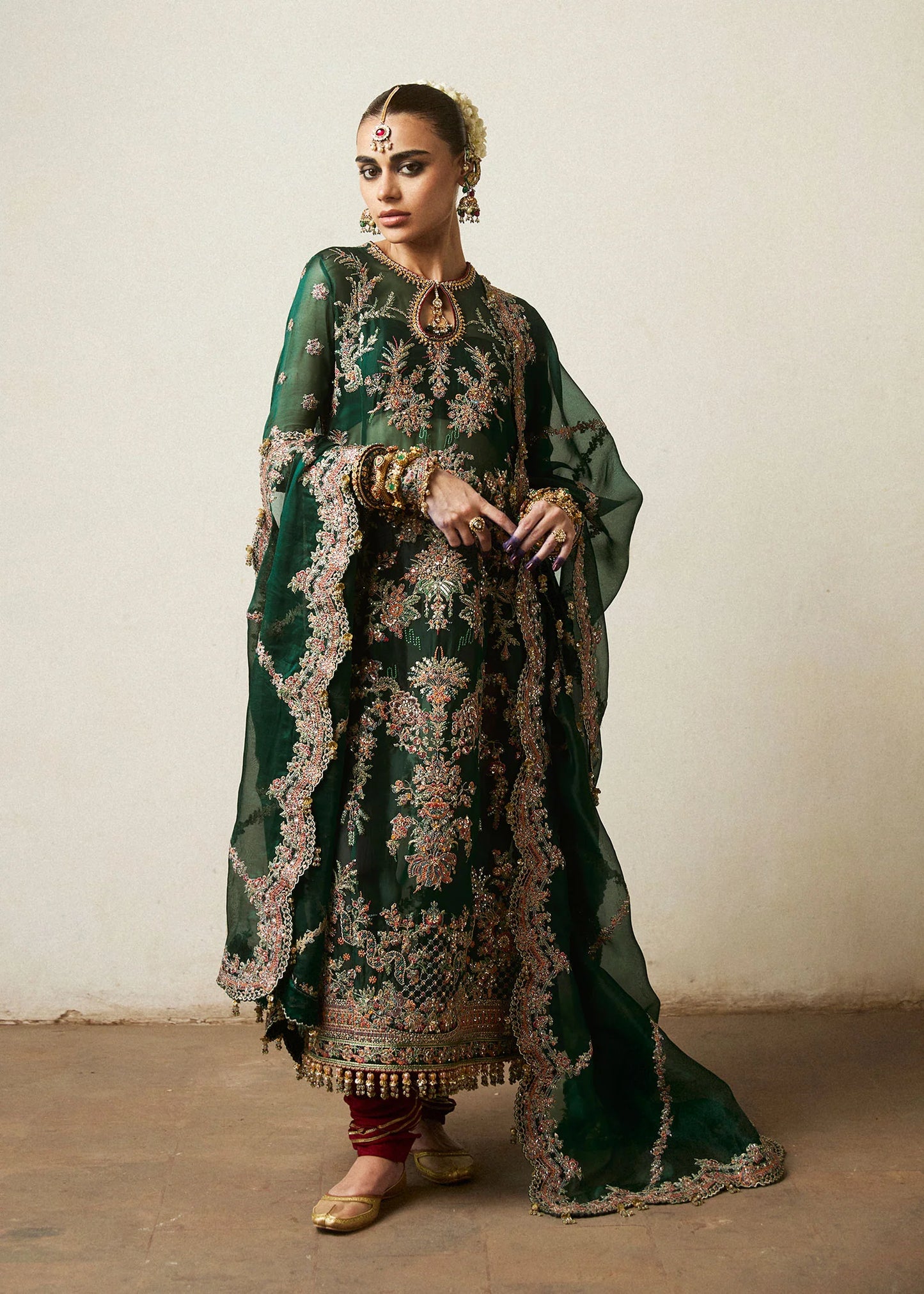 Hussain Rehar | Emerald Organza Embroidered Embellished Churidar Suit