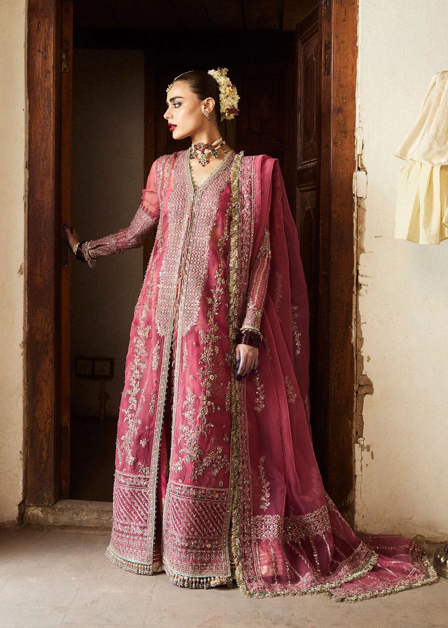 Hussain Rehar | Rose Pink Organza Embroidered Embellished Jacket Lehenga