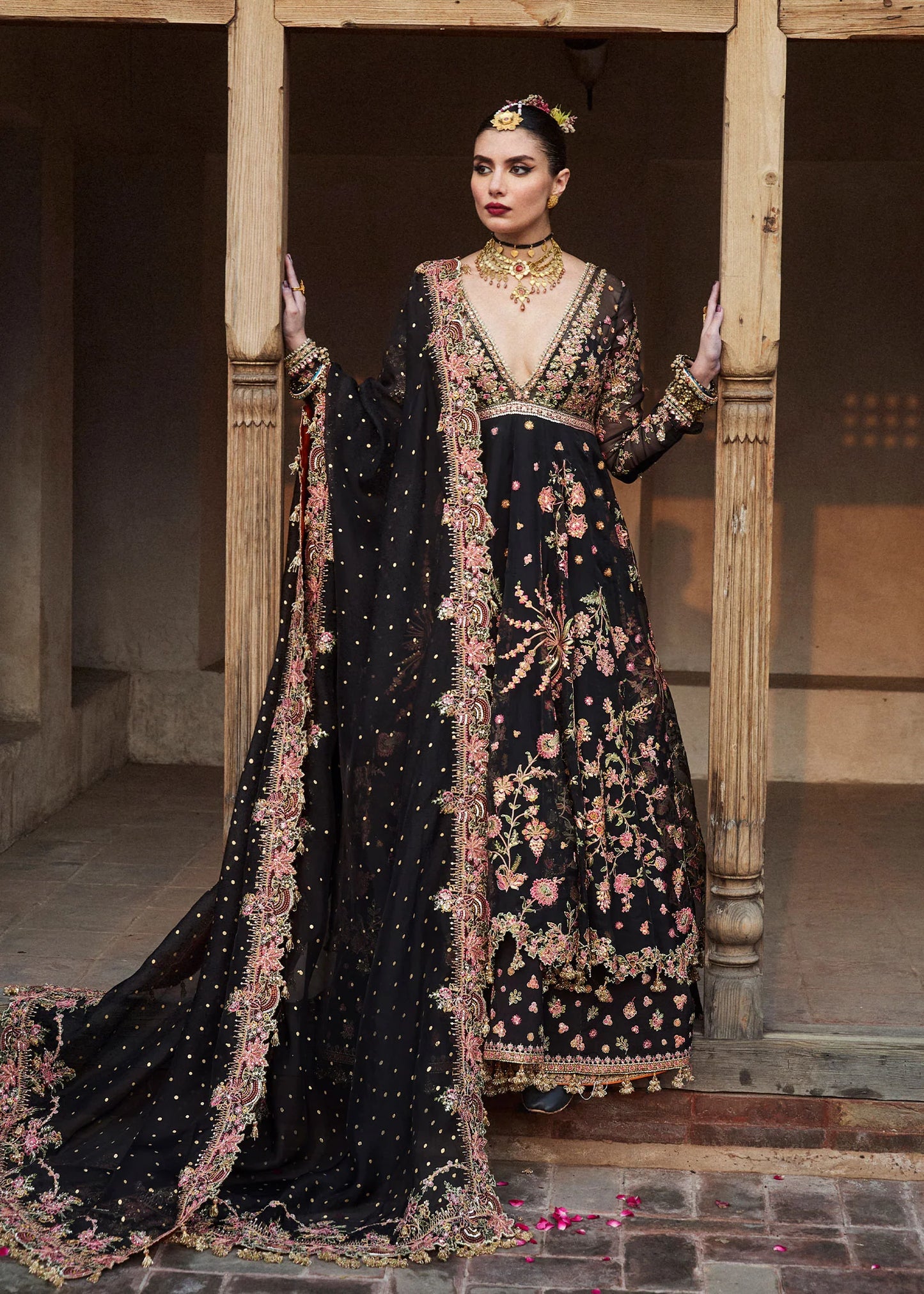 Hussain Rehar | Black Organza Embroidered Embellished Peshwas Suit