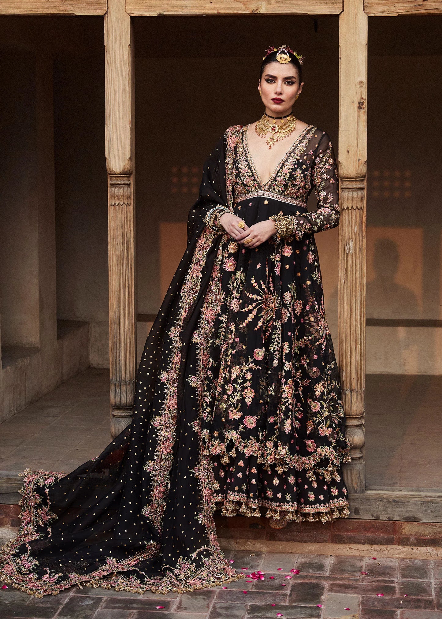 Hussain Rehar | Black Organza Embroidered Embellished Peshwas Suit