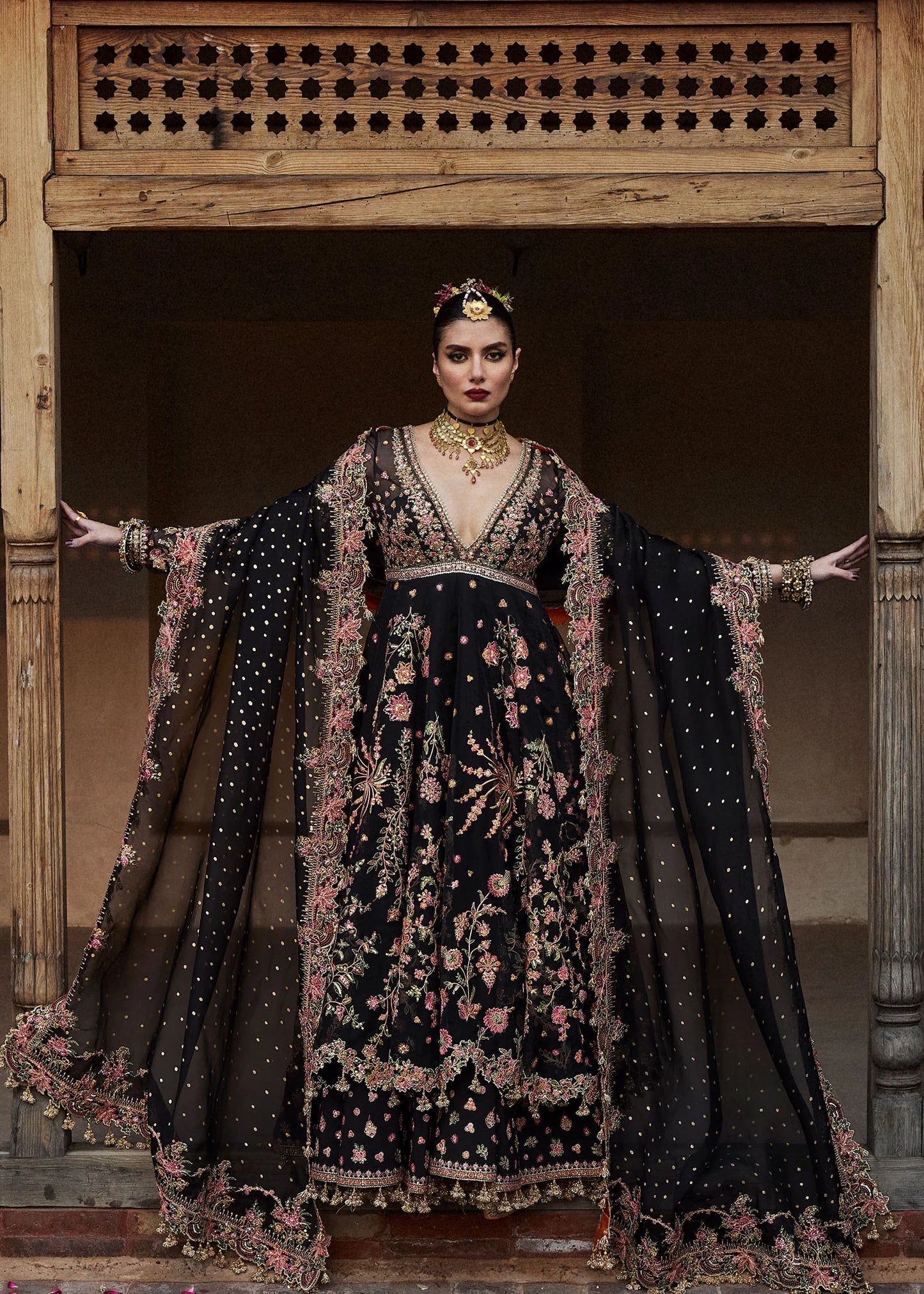 Hussain Rehar | Black Organza Embroidered Embellished Peshwas Suit