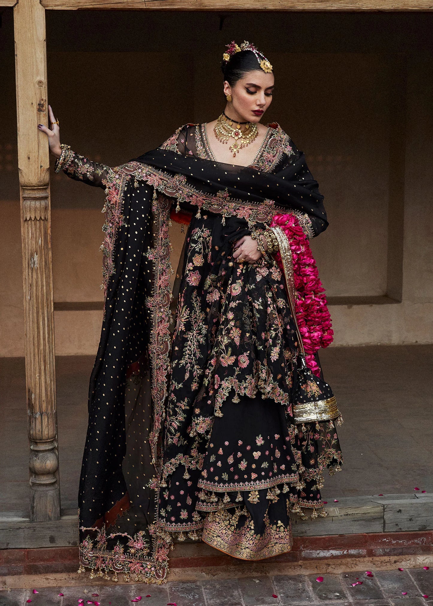 Hussain Rehar | Black Organza Embroidered Embellished Peshwas Suit