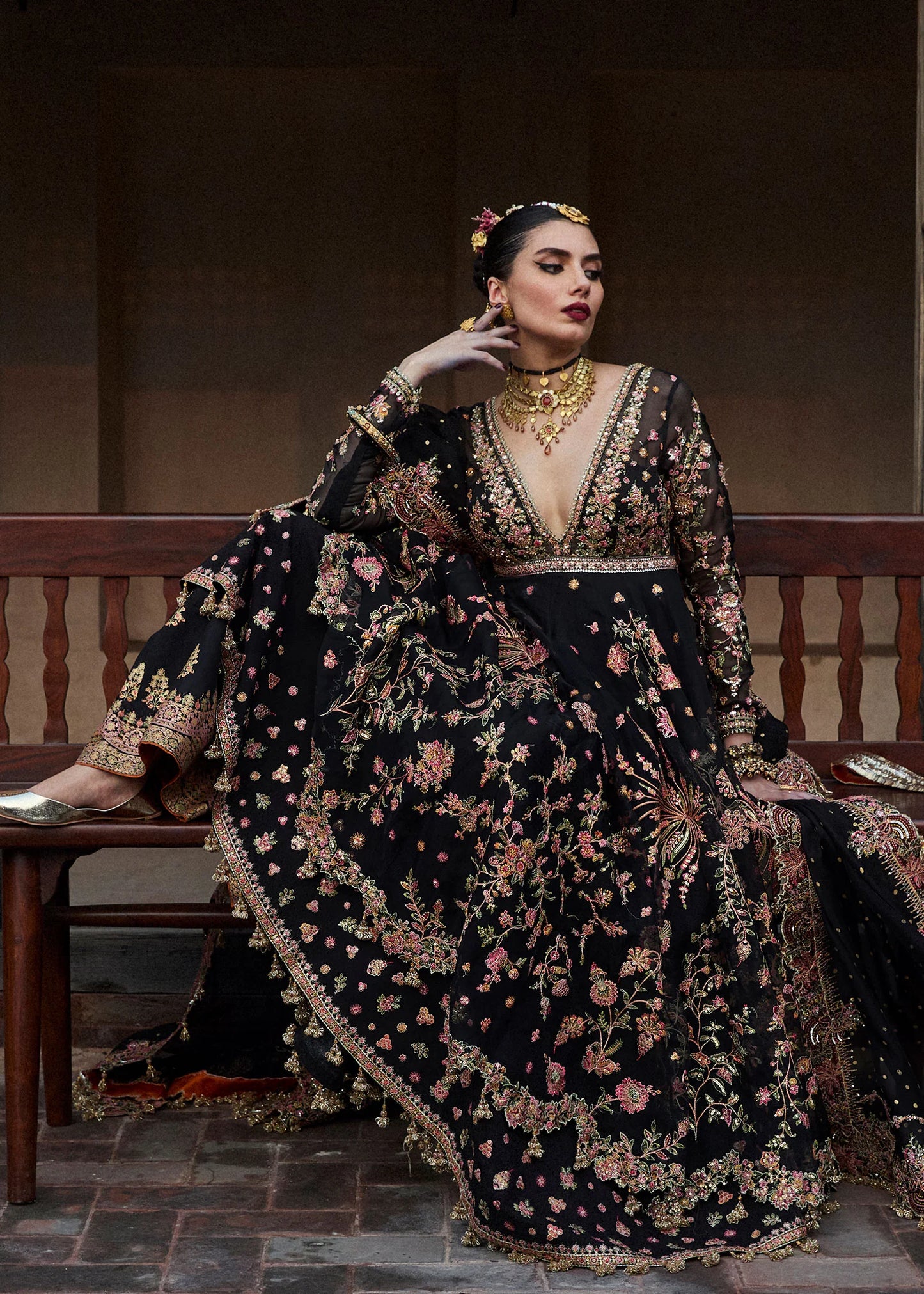 Hussain Rehar | Black Organza Embroidered Embellished Peshwas Suit