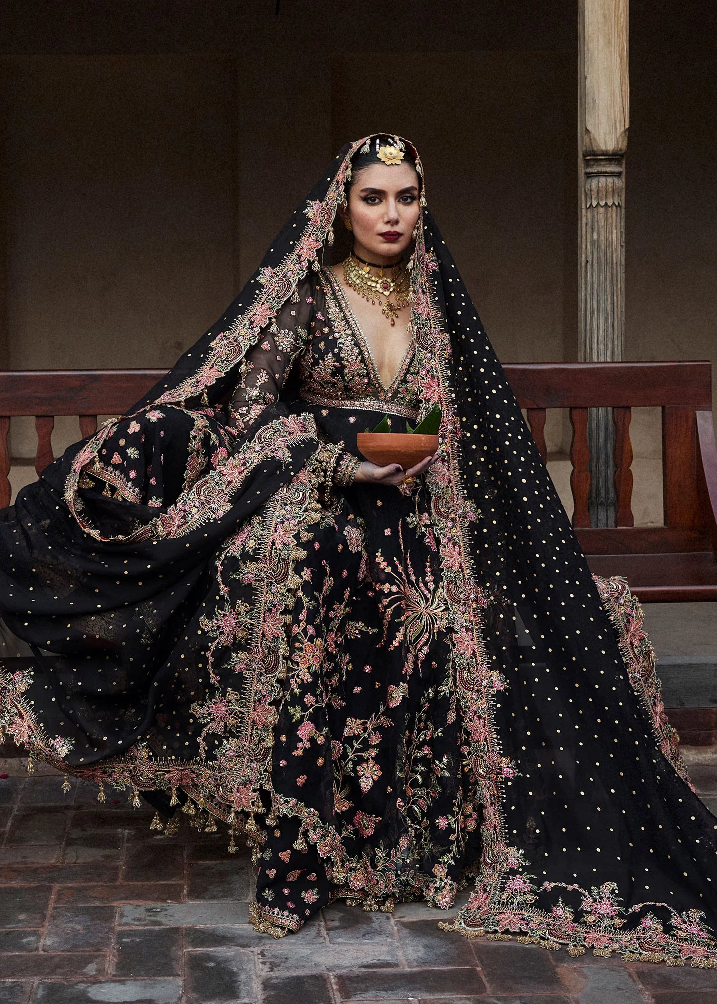 Hussain Rehar | Black Organza Embroidered Embellished Peshwas Suit