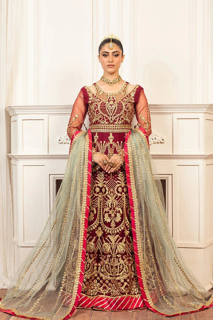 Mushq | Maroon Net Hand Embellished Pishwas Lehenga