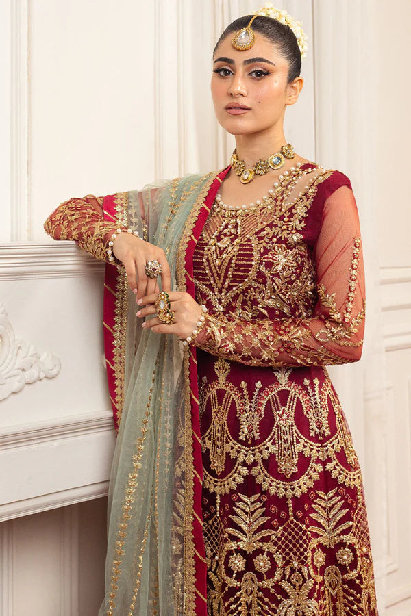 Mushq | Maroon Net Hand Embellished Pishwas Lehenga