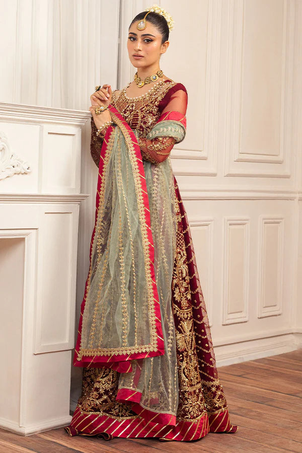 Mushq | Maroon Net Hand Embellished Pishwas Lehenga