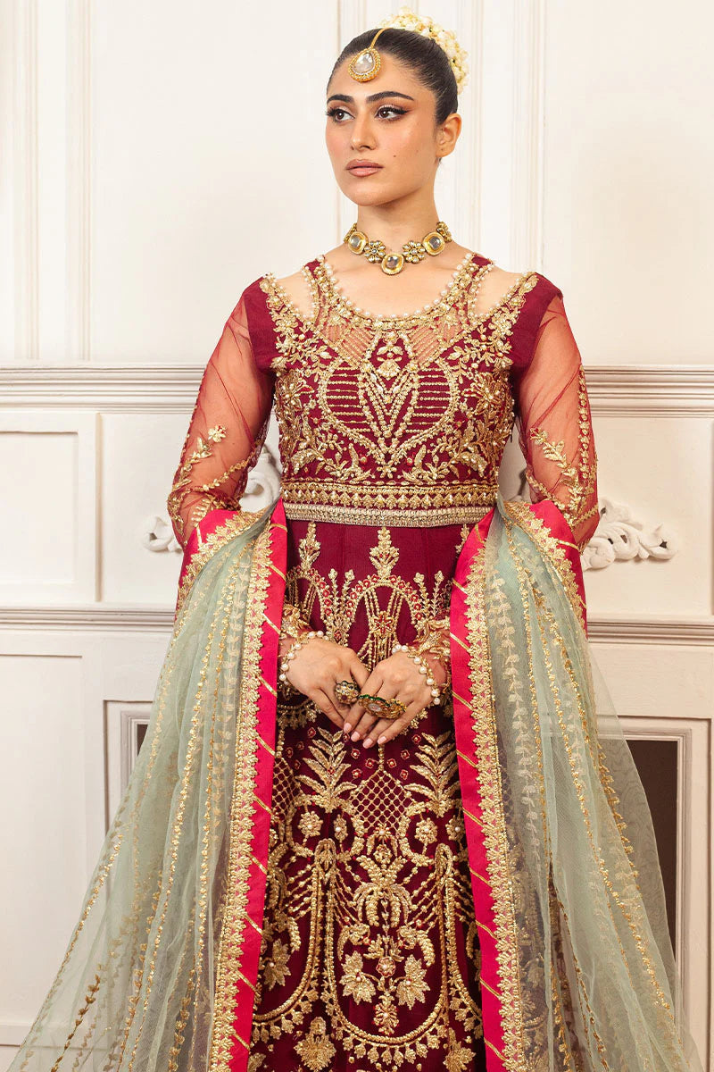 Mushq | Maroon Net Hand Embellished Pishwas Lehenga
