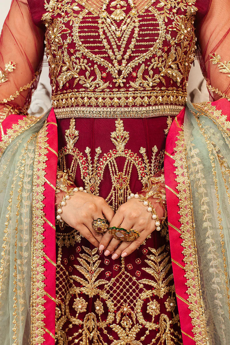 Mushq | Maroon Net Hand Embellished Pishwas Lehenga