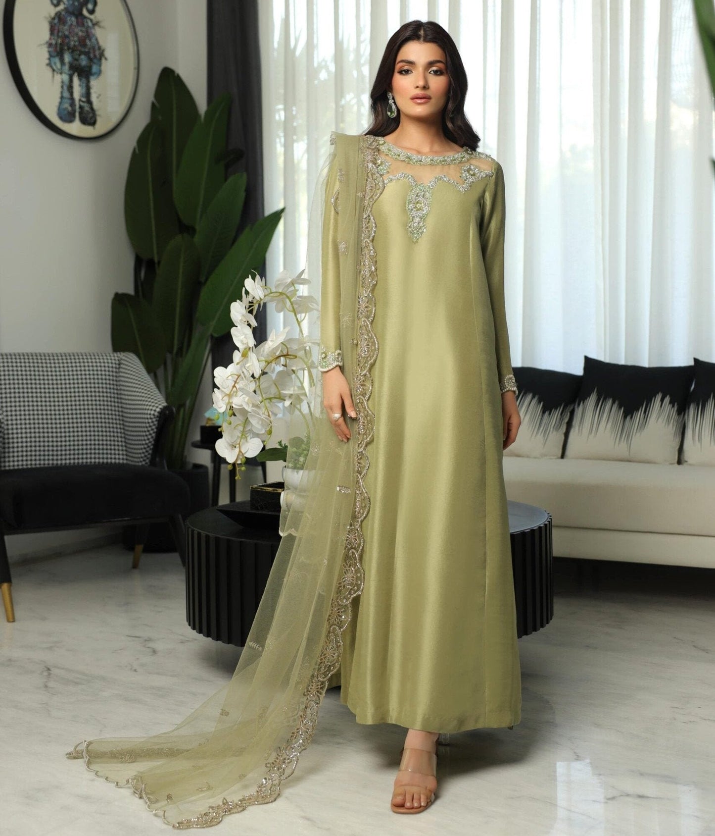 Hazel | Olive Green Silk Embellished Dress