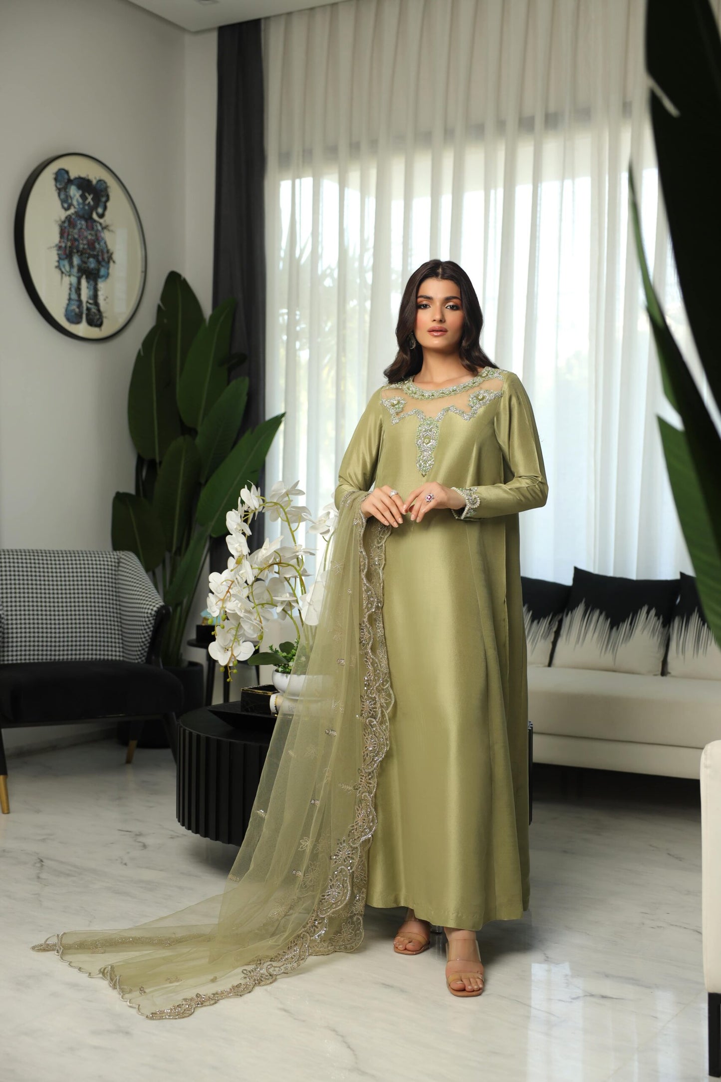 Hazel | Olive Green Silk Embellished Dress