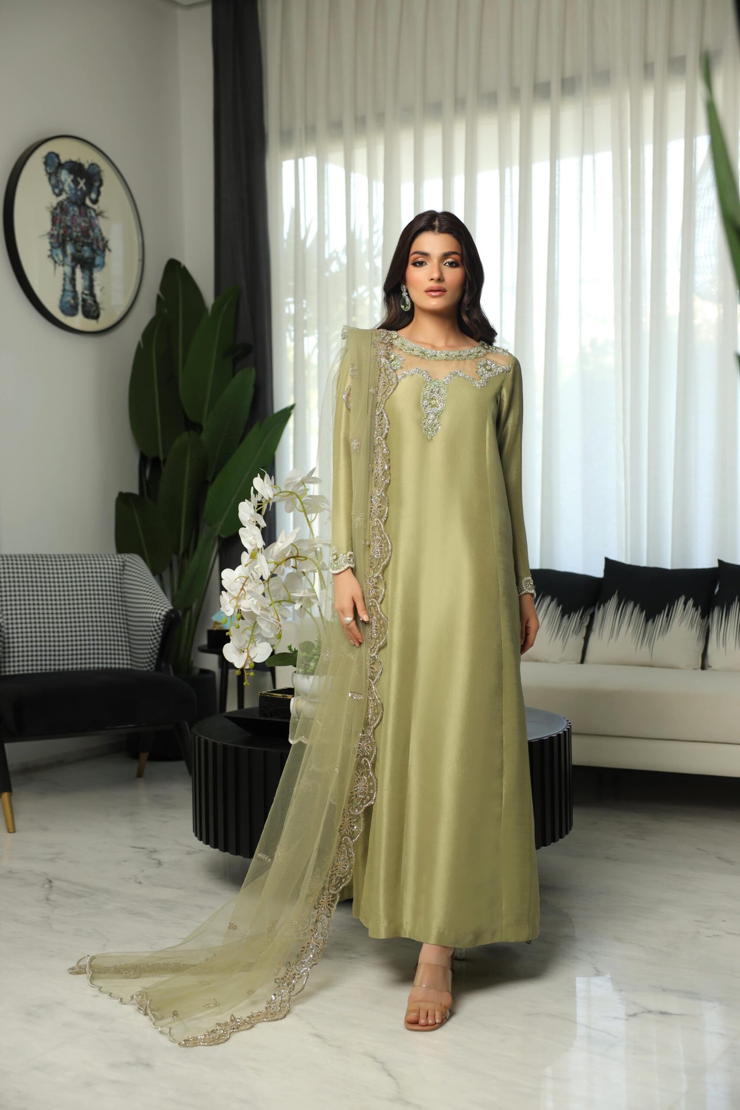 Hazel | Olive Green Silk Embellished Dress