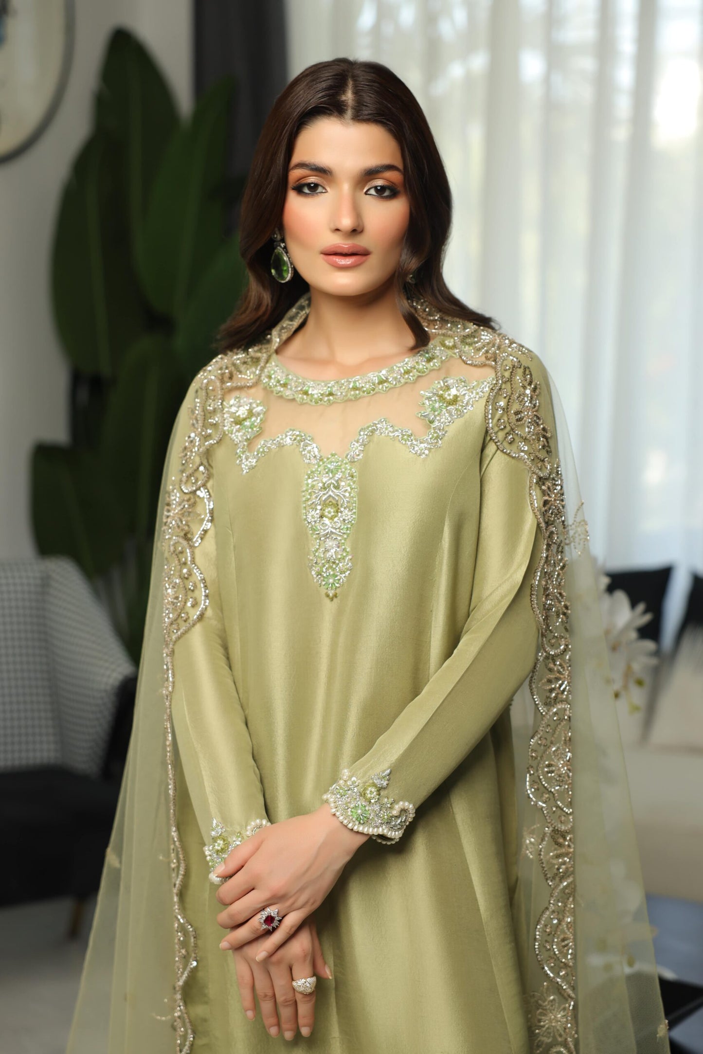 Hazel | Olive Green Silk Embellished Dress