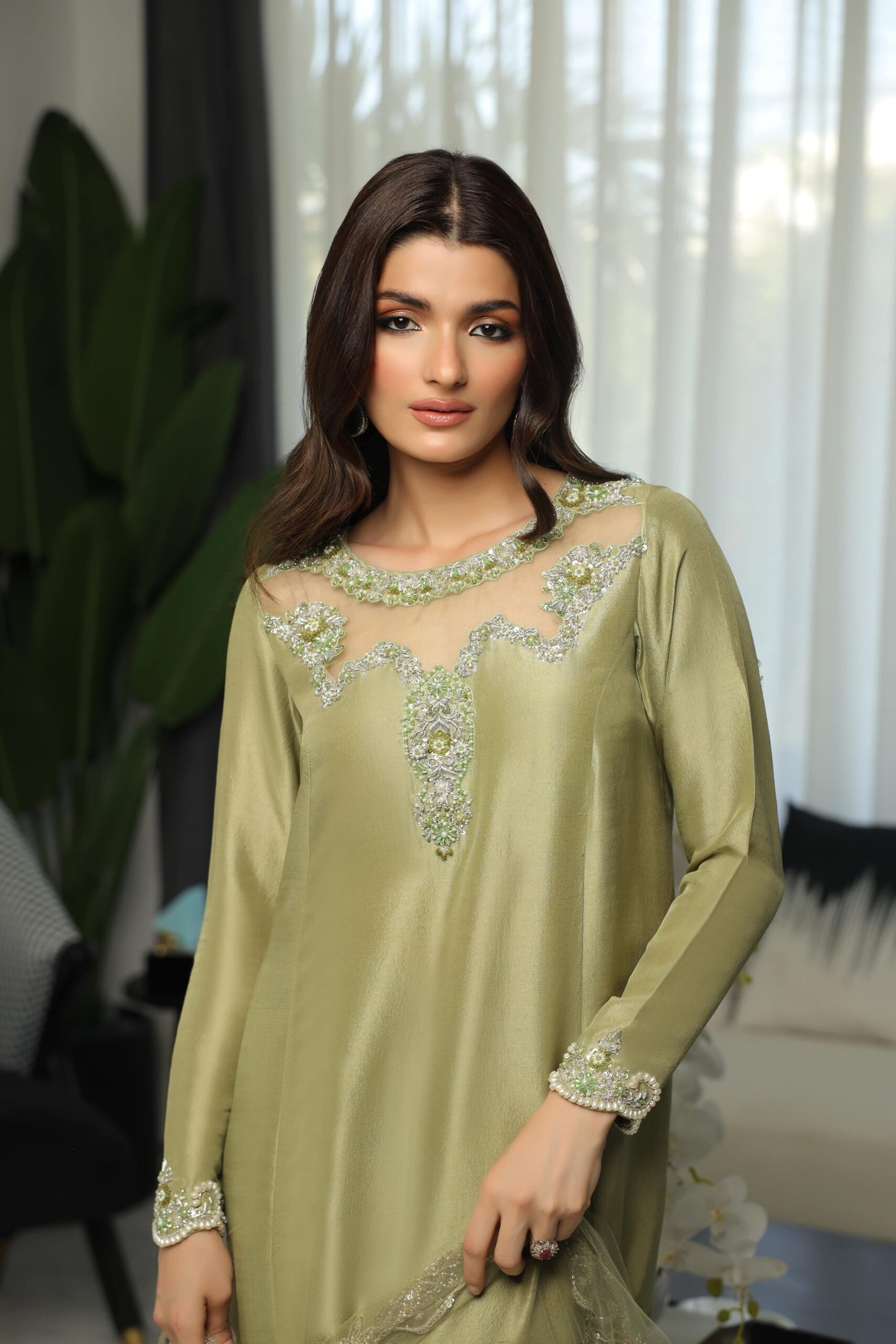 Hazel | Olive Green Silk Embellished Dress