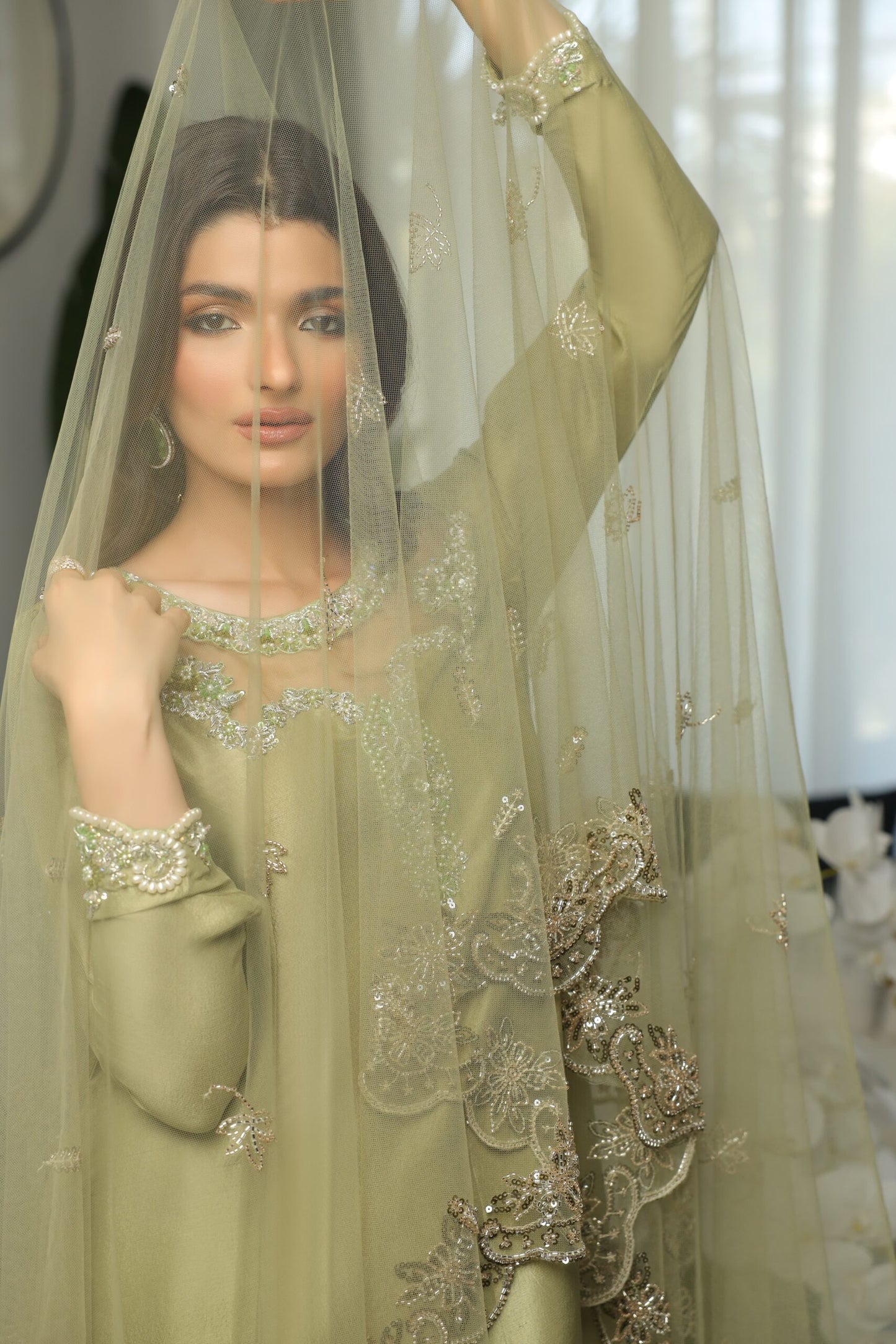 Hazel | Olive Green Silk Embellished Dress