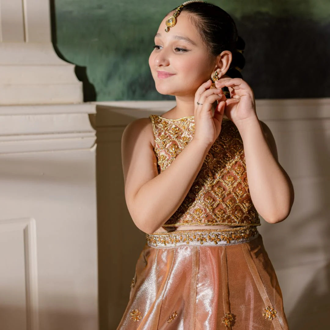 Hena | Girls Pink Gold Tissue Silk Embellished Lehenga Choli