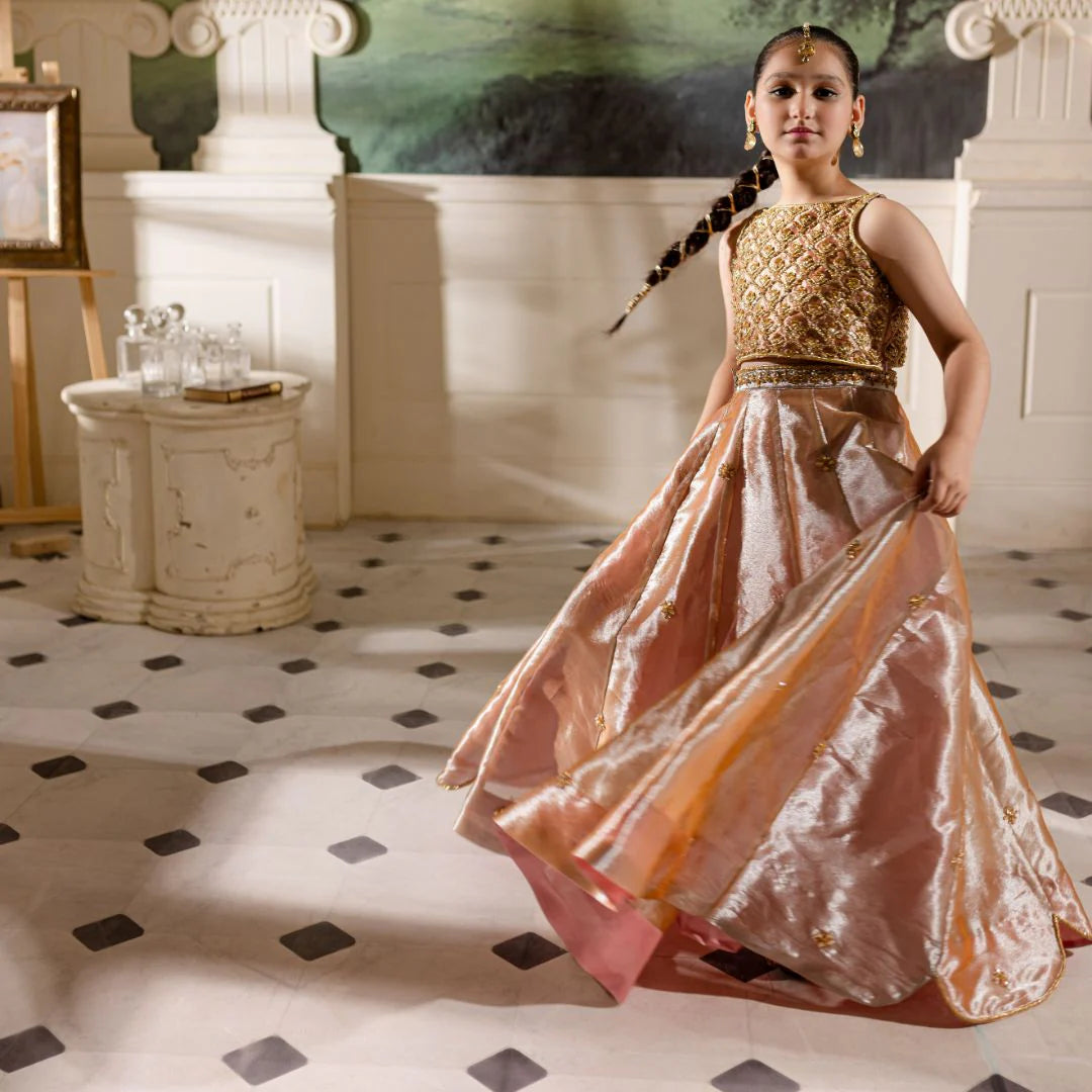 Hena | Girls Pink Gold Tissue Silk Embellished Lehenga Choli