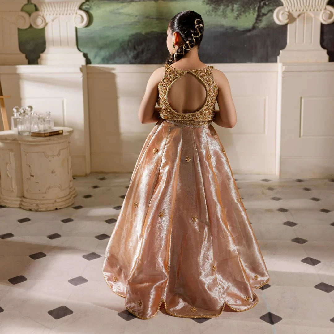 Hena | Girls Pink Gold Tissue Silk Embellished Lehenga Choli