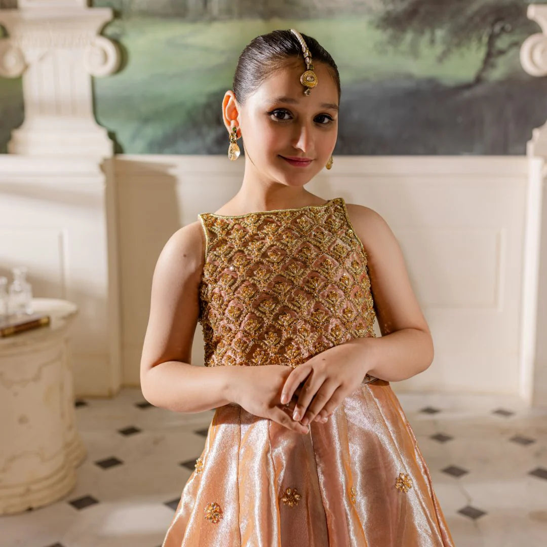 Hena | Girls Pink Gold Tissue Silk Embellished Lehenga Choli