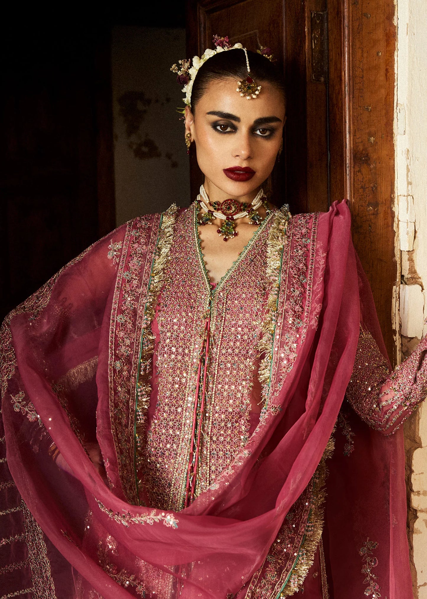 Hussain Rehar | Rose Pink Organza Embroidered Embellished Jacket Lehenga