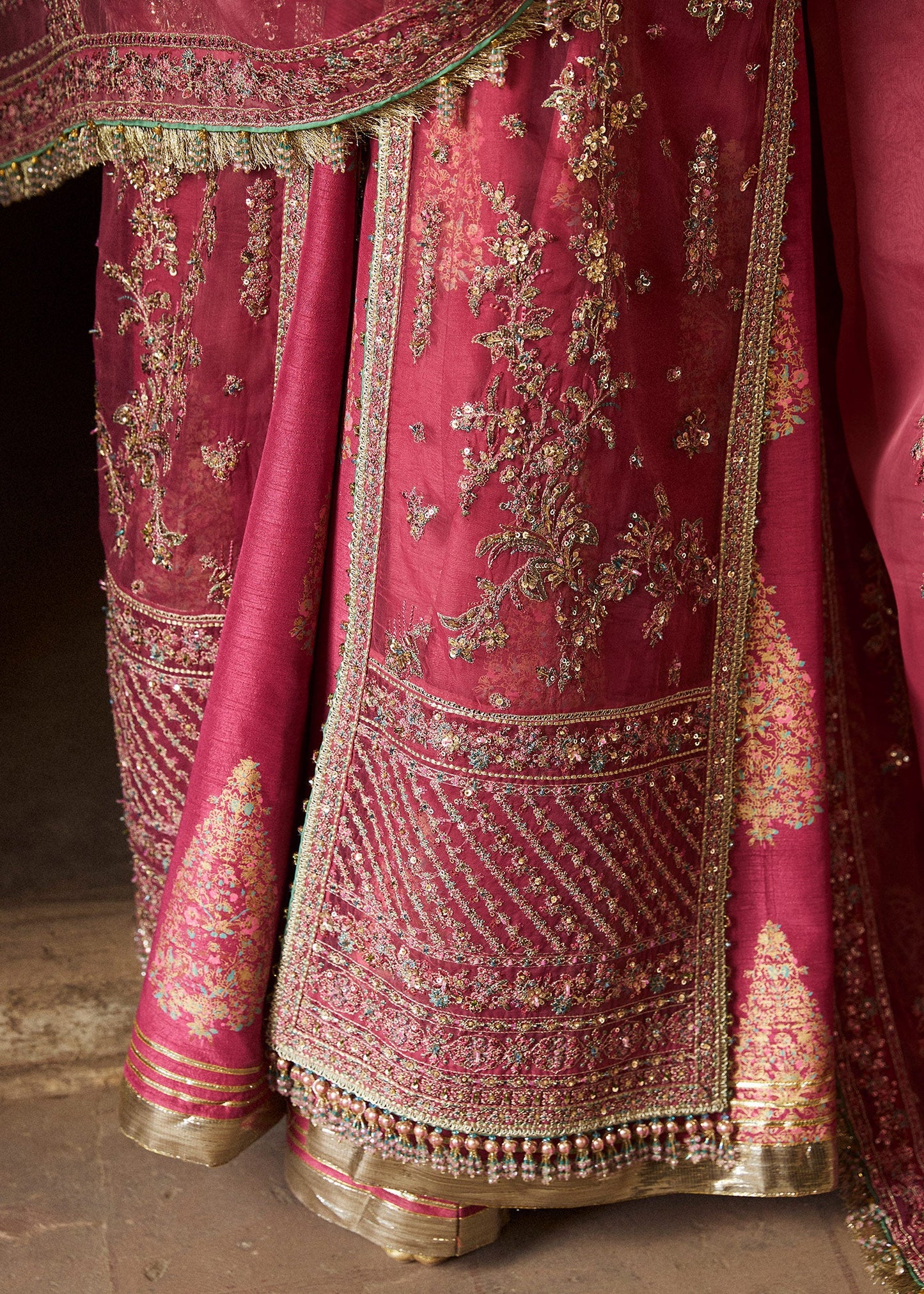 Hussain Rehar | Rose Pink Organza Embroidered Embellished Jacket Lehenga