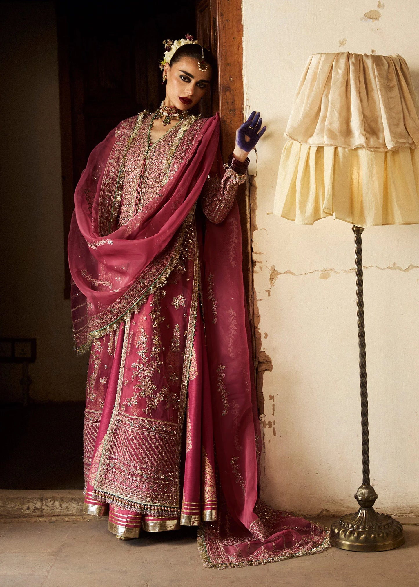 Hussain Rehar | Rose Pink Organza Embroidered Embellished Jacket Lehenga