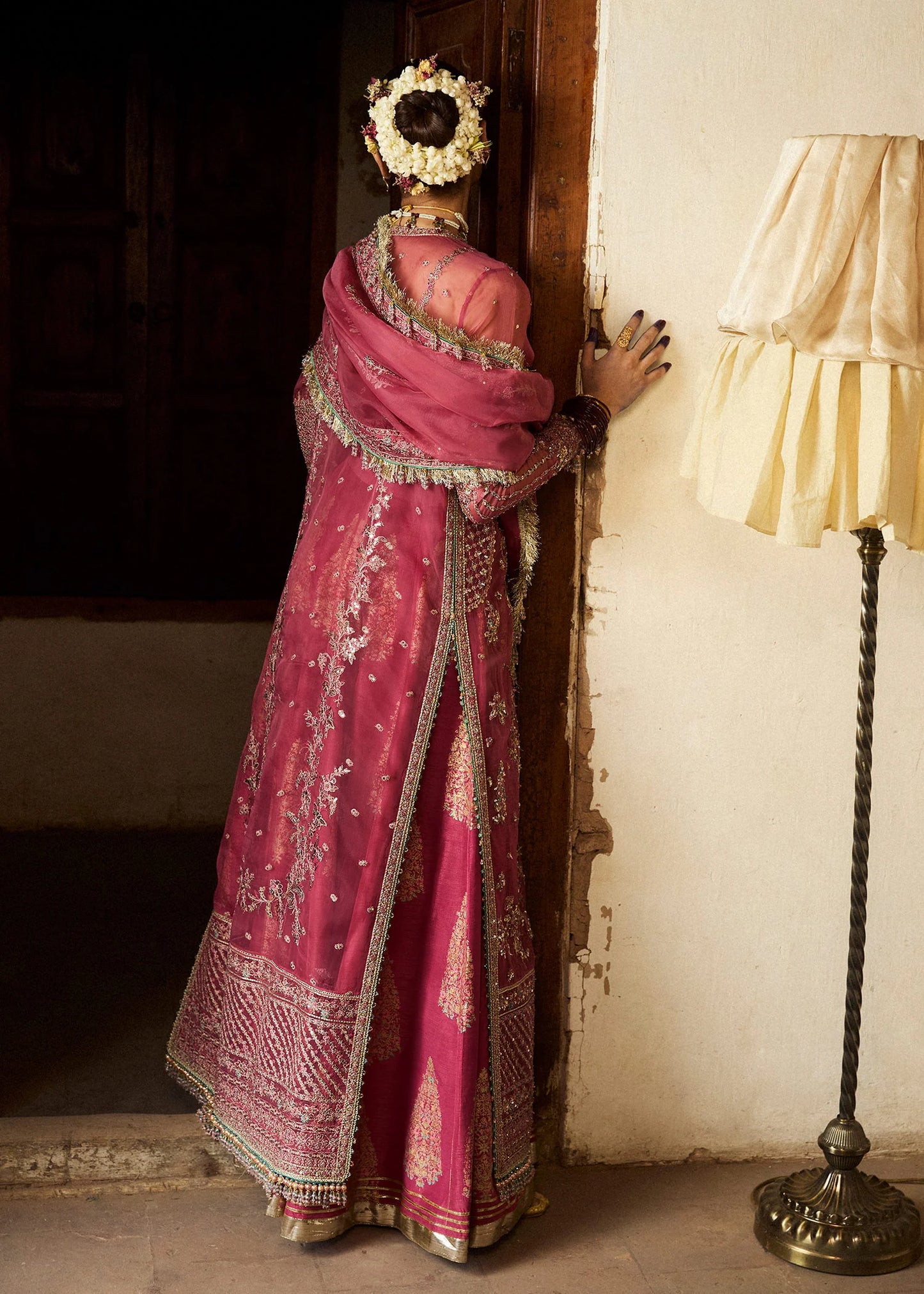 Hussain Rehar | Rose Pink Organza Embroidered Embellished Jacket Lehenga