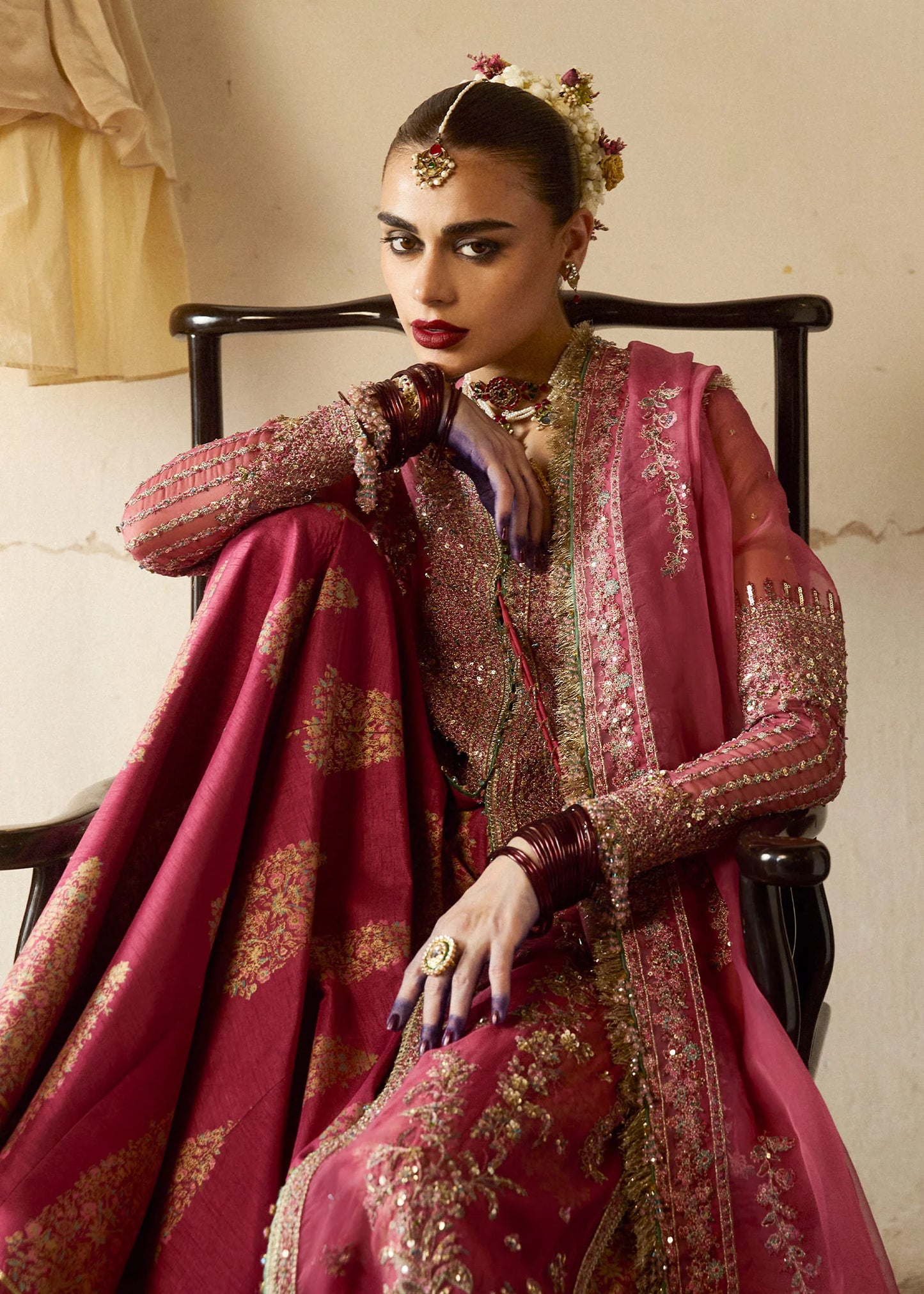 Hussain Rehar | Rose Pink Organza Embroidered Embellished Jacket Lehenga