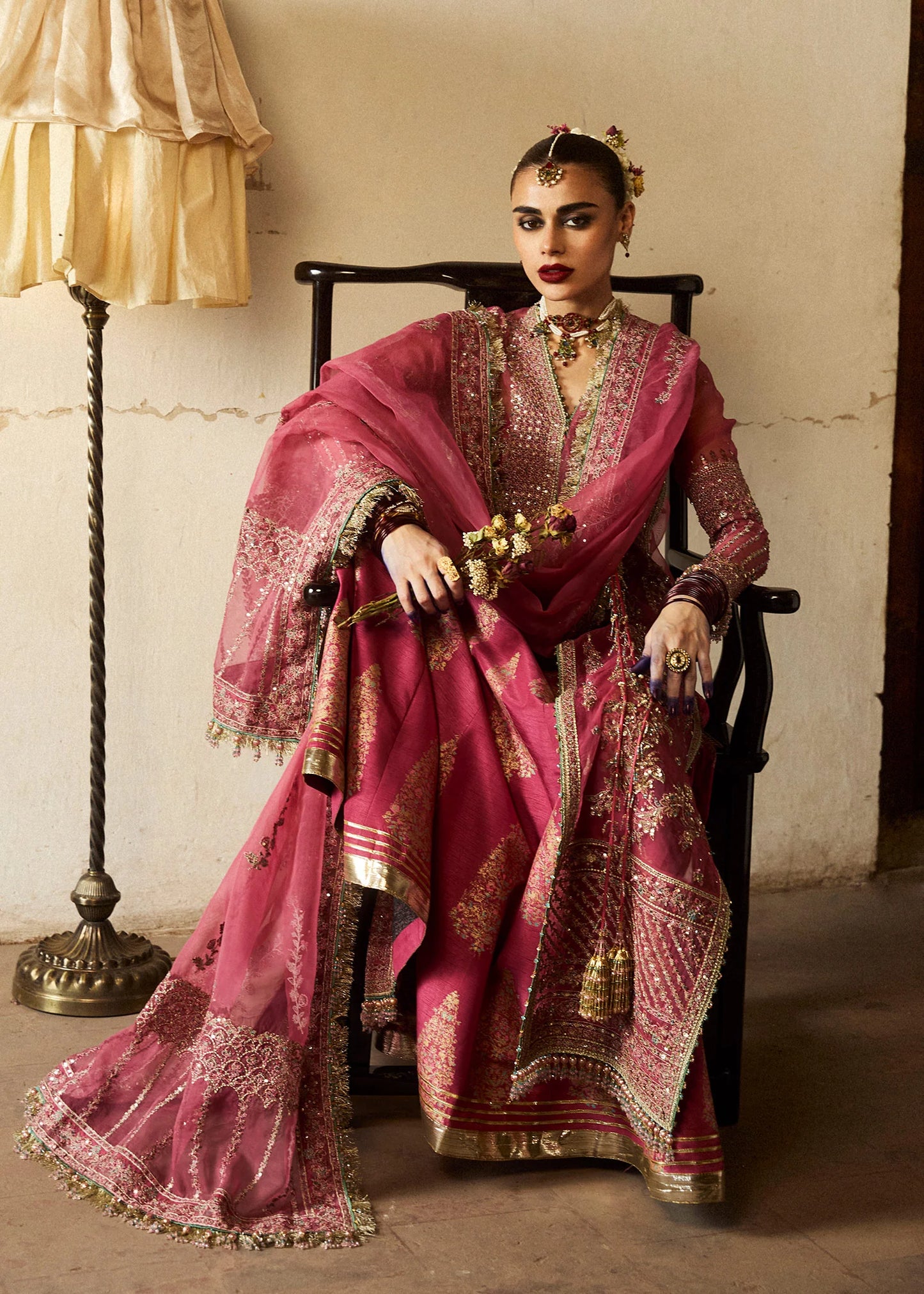 Hussain Rehar | Rose Pink Organza Embroidered Embellished Jacket Lehenga