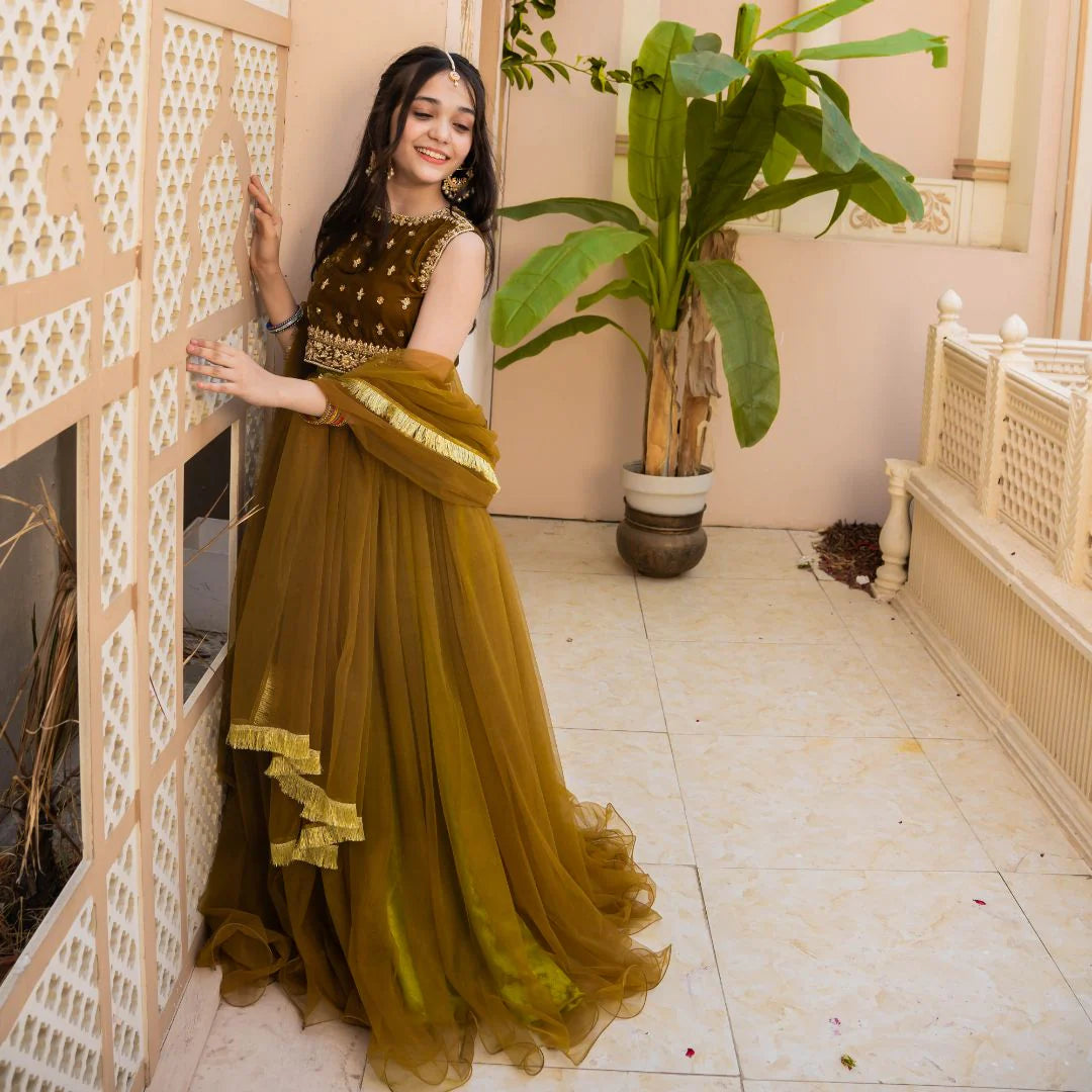 Jasmine | Girls Green Embellished Velvet Lehenga Choli