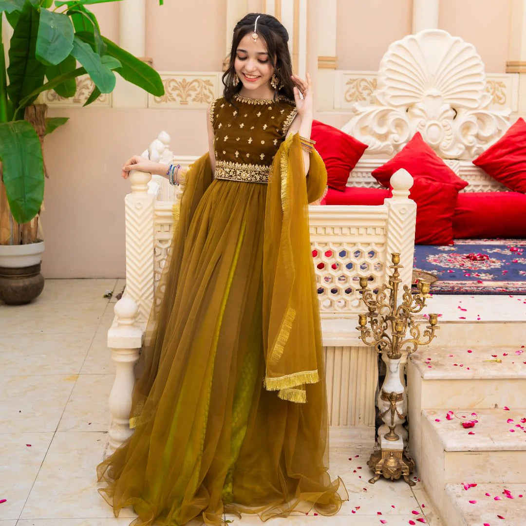 Jasmine | Girls Green Embellished Velvet Lehenga Choli