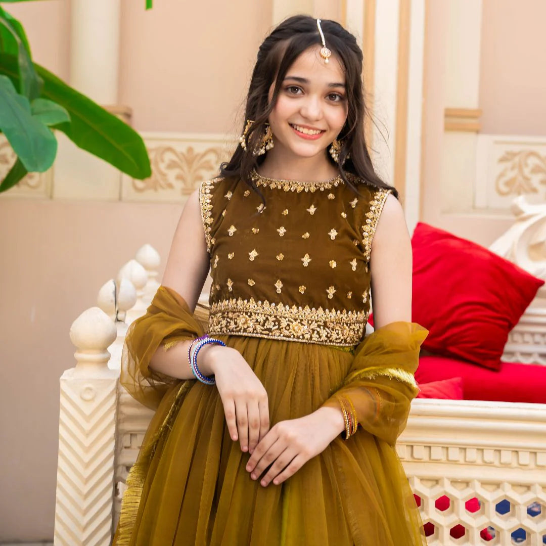 Jasmine | Girls Green Embellished Velvet Lehenga Choli